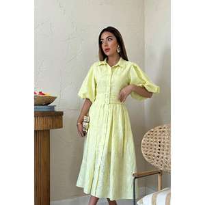 <b>Yellow</b> A-Line Dress With Balloon Sleeves And Pleated Design Cotton Bamboo <b>Fabric</b> O-Neck Natural Waistline Breathable - Product Image 3
