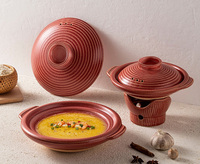 Casserole en céramique traditionnelle vintage rouge, marron et beige avec base en lotus, ensemble de marmites à ragoût multi-capacité