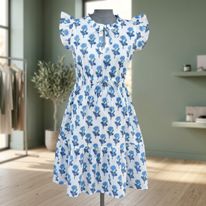 Robe Bohème Vintage Écologique Imprimée à la Main à Motifs Floraux pour Femme, Col Halter, Décoration à Pompons, Broderie, Mini Robe d'Été 100% Coton - Product Image 3