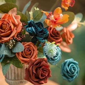 結婚式の装飾人工ティール & バーントオレンジコンボバラ造花DIY緑の花輪婚約家の装飾 - Product Image 2