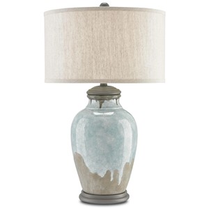 Blue Drip Glaze Ceramic & Linen Shade Rustic Table Lamp | Artisan Natural <b>Lighting</b> for Resort Hotel Guest Room & <b>Lounge</b> - Product Image 1