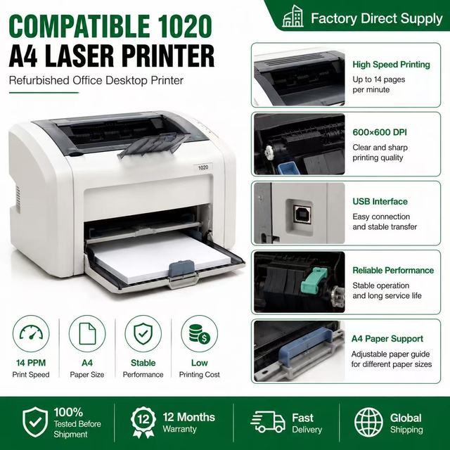 Compatible 1020 A4 Monochrome Laser Office Desktop Refurbished Printer with 14 Cpm Copy Speed and Separate Toner