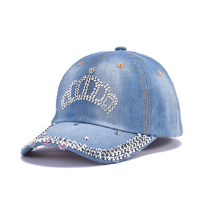 Gorra de béisbol bordada personalizada con corona de diamantes de imitación, gorra snapback vintage de mezclilla desgastada con brillo, gorras deportivas al por mayor - Product Image 2