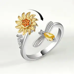 Promotional Silver Open Adjustable Ring Brass Sunflower Spinner Ring Insect Zircon Rotating Ring For Relief Fidget Anxiety