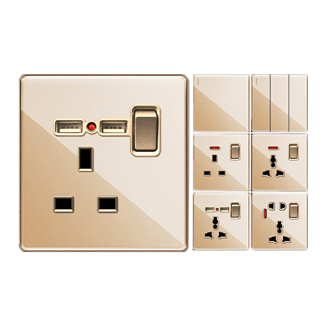 Uk 13A Gold Wall Switch Household Electrical Products On/off Light Switch EU Glass Panel Light Switches