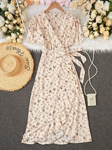 <span class=keywords><strong>Robe</strong></span> maxi à manches courtes de style européen et américain, col en V, élégante, intellectuelle, <span class=keywords><strong>robe</strong></span> décontractée pour femmes. - Product Image 4