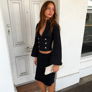 Blazer court noir croisé pour femme, coupe ajustée, col montant, manches longues, en polyester tissé, vêtement d'extérieur tendance - Product Image 5