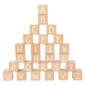 INS Hot Natural Beech Wooden ABC Building Blocks Engraved Baby Alphabet Letters Counting Building Block Set