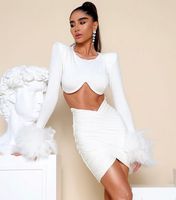 Ocstrade – ensemble Bandage à manches longues et col rond, élégant, froncé, Mini jupe, ensemble deux pièces, garniture plume, Top court, jupe blanche