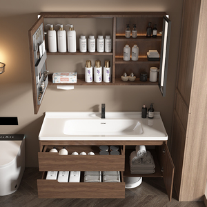 Meuble-lavabo moderne en bois grainé avec armoire miroir LED, certifié CE, mural, étanche - Product Image 5