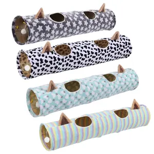 牛星条图案毛绒长猫耳隧道床弹出式可折叠宠物管互动玩具带球或室内猫