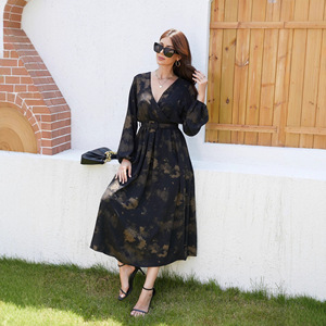 Vestido cruzado transfronterizo con cuello en V para mujer, tiro Real, elegante, cómodo, manga larga, Abaya, moda informal musulmana para el verano - Product Image 4