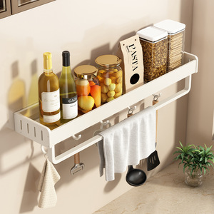 Wall Mounted Metal Spice Rack <b>With</b> <b>Hooks</b> And Hanging Rod White Rectangle Storage Holder For Kitchen <b>Shelves</b> - Product Image 3
