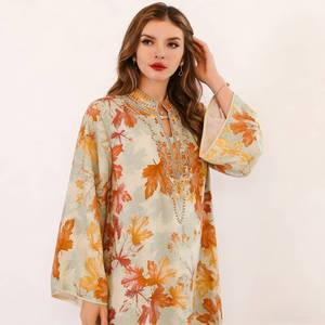 Abito Musulmano con Stampa Floreale per Donne, Elegante Caftano con Scollo a V, Abaya Dubai <span class=keywords><strong>Turchia</strong></span>, Abbigliamento Islamico - Product Image 3