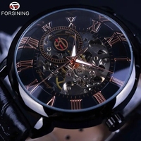 Montre Forsining pour homme, mécanique, squelette, design 3D noir et or, chiffres romains, cadran noir, bracelet en cuir, montre de créateur pour homme