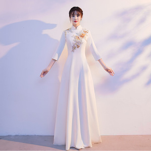 Chinese Style Cheongsam Long Dress Light Champagne Polyester Banquet Evening Gown Women's Traditional Formal Wear - Product Image 2