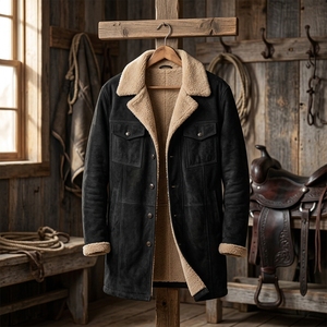 Chaqueta de hombre con forro de sherpa, imitación de cuero, estilo vintage vaquero, con cremallera, tipo bomber, cuello de felpa, ropa exterior informal de invierno. - Product Image 5