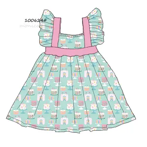فستان بناتي LZ2022 بسعر الجملة, فستان بناتي مربع الشكل مناسب للهالوين بأكمام طائرة وطباعة كعكة وردي