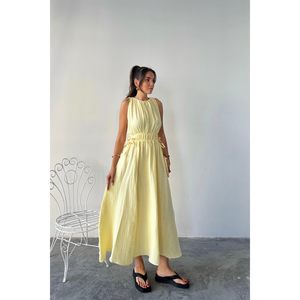 เดรสยาวมัสลินแขนกุดสีเหลืองเอวยางยืดลำลองเดรสยาวผู้หญิงสไตล์ฤดูร้อน - Product Image 2