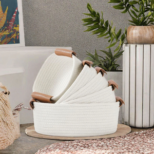 Modern Rectangle Storage <b>Basket</b> Set 5 Sturdy Cotton <b>Rope</b> <b>Baskets</b> Foldable Design for Eco-Friendly Home Organization Shelves - Product Image 2
