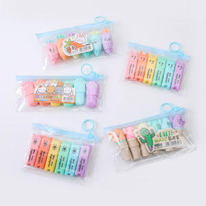 Lot de 6 surligneurs mignons à motifs de dessins animés, pointe oblique, avec étui portable à fermeture éclair, marqueurs pastel pour enfants, étudiants et journalisation - Product Image 1