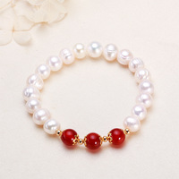 Gelang Mutiara Air Tawar Putih Merah Hijau Barok 8MM Berlapis Emas 18K Grosir, Kelas AAAAA, Elastis, untuk Wanita, Hadiah Pernikahan