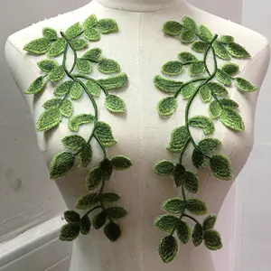 Organza-Apliques de encaje de hojas verdes, decoración bordada para ropa