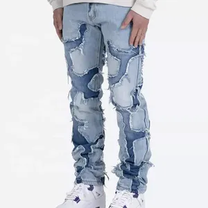 Unique design streetwear fashion jeans men stacked straight leg denim pants fit stretch skinny jeans