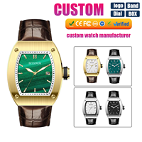 Montre pour homme personnalisée avec logo de luxe, automatique, mécanique, boîtier en acier inoxydable en forme de baril, bracelet en cuir, étanche