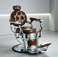 Fauteuil de barbier hydraulique réglable en cuir marron rétro avec cadre chromé poli pour usage commercial en salon