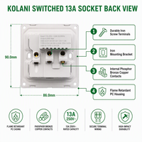 Prise murale Kolani UK 13A à 3 broches avec charge rapide USB A+C 20W et indicateur néon, prise de courant contrôlée par PC, blanche