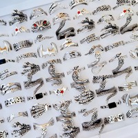 100 PIÈCES Bagues Vintage Punk Gothiques en Alliage, Argent et Noir, Motifs Dragon Chinois, Serpent, Griffe de Dragon, Aile, Ouvertes et Ajustables