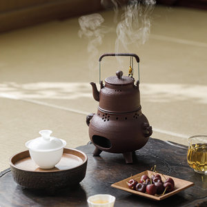 Ensemble chauffe-thé rétro Guanlan en poterie avec poignée, chauffe-thé extérieur alimenté à l'alcool - Product Image 3