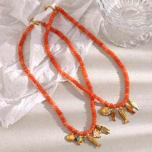 Collar de cuentas de ágata roja, colgante de pulpo de concha de pez, joyería de acero inoxidable, piedra Natural, collar de encanto de pez de verano - Product Image 3