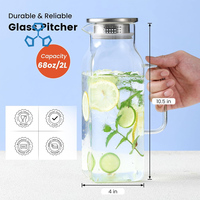 Jingsheng Pichet en verre borosilicaté 1,5 L avec couvercles en acier Design carré unique pour accessoires de bouilloire à thé et jus d'eau froide