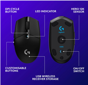 Souris de jeu sans fil Logitech <span class=keywords><strong>G305</strong></span> <span class=keywords><strong>G304</strong></span> LIGHTSPEED HERO 12000 DPI 1 ms 6 boutons programmables 250H AA Batterie Souris de jeu - Product Image 6