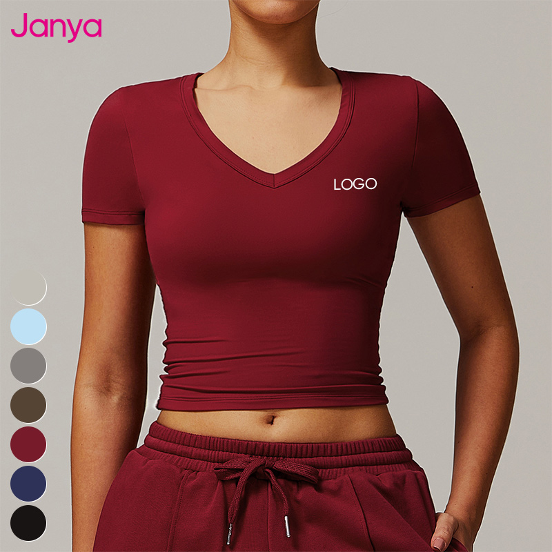 Janya Women's Double Layer V Neck Gym Fitness Top Quick Dry Breathable Slim Fit Running Yoga Shirt with Short Sleeves