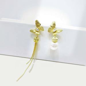 Precio de fábrica, pendientes de plata 925 con borla de mariposa, hechos a mano en oro de 18k, pendientes largos de lujo con flor y perlas para mujer - Product Image 5