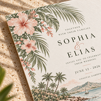 Cartes d'invitation de mariage sur le thème côtier, cartes de mariage imprimées avec des motifs floraux tropicaux et des paysages marins en aquarelle, invitations de mariage sur la plage personnalisées