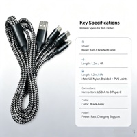 Cable de Carga Togudu T-255 Tres en Uno USB-A a Tipo-C, Trenzado de Nailon, Junta Reforzada Duradera, Multipuerto para Teléfono Móvil