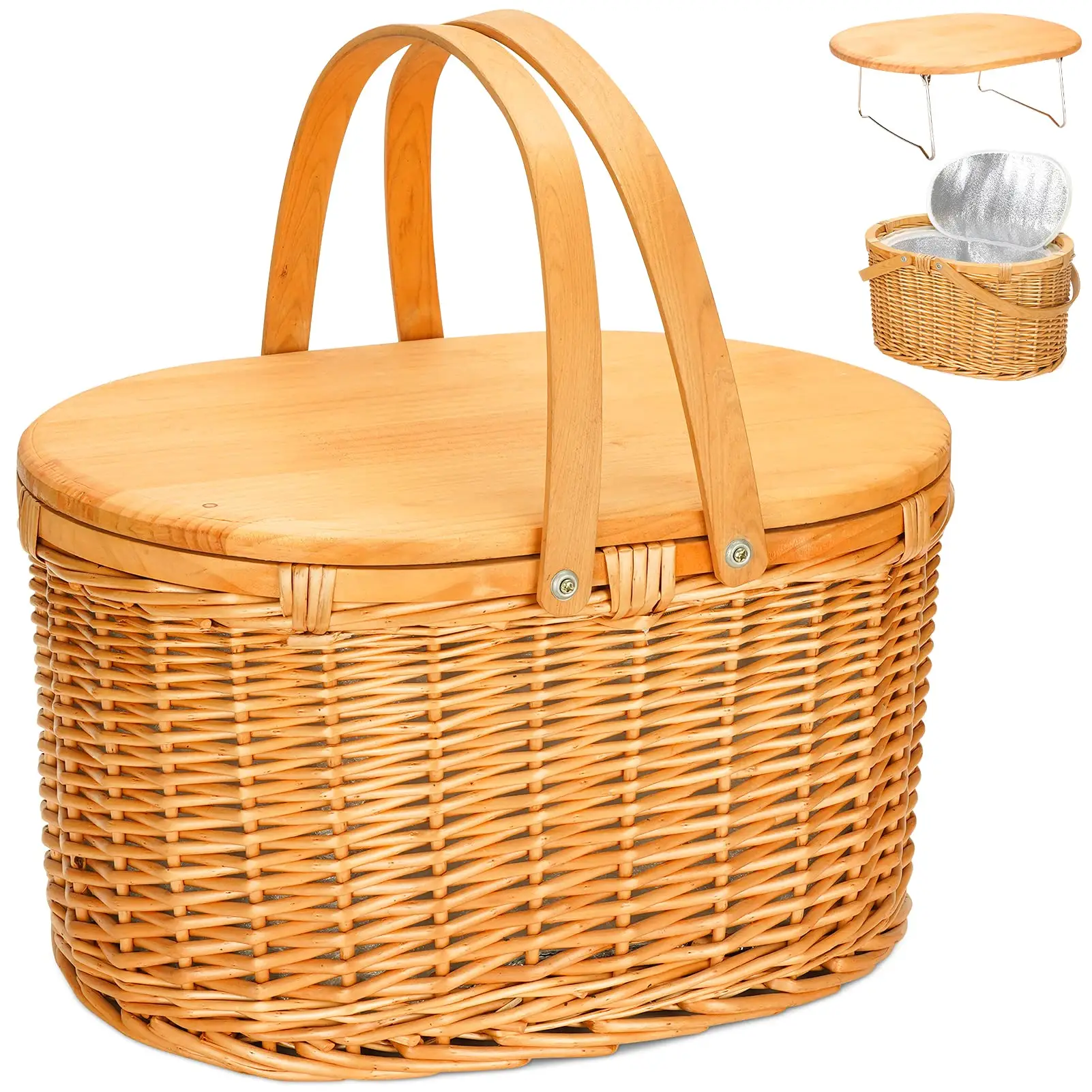 Großhandel handgemachte rechteckige natürliche Wicker Craft Willow Picknick Lagerung Rattan Körbe mit Kühler Holz Schreibtisch