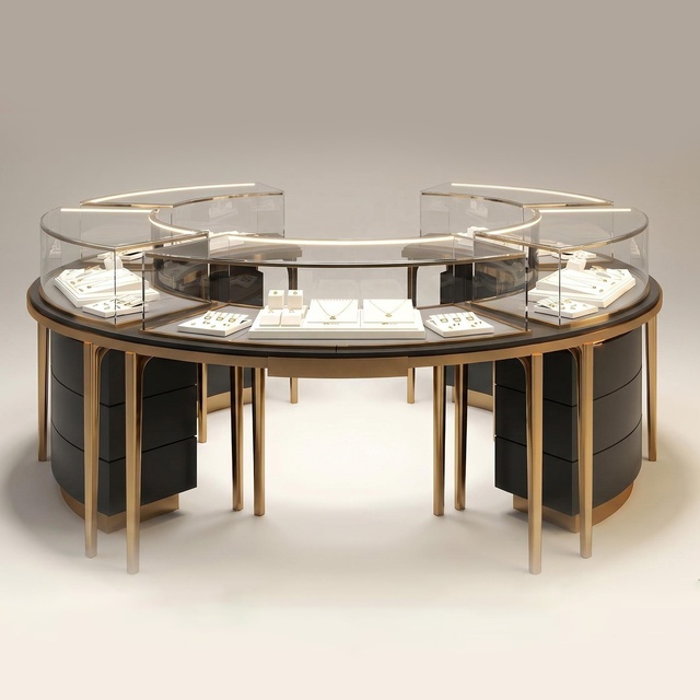 Luxury Jewelry Display Cabinet High-end Gold Stainless Steel Showcase LED Lighting Eco-Friendly Waterproof Customizable Heavy