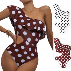 Traje de Baño Personalizado de Una Pieza para Mujer, Monokini con un Hombro Descubierto y Estampado de Puntos, Ropa de Playa Sexy con Volantes - Product Image 5