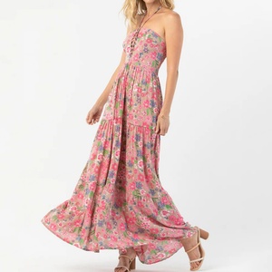 Top de Alta Calidad con Estampado Floral, Abertura Frontal con Lazada y Pliegues, Elegante Vestido sin Tirantes, Vestido Maxi Personalizado 100% Rayón - Product Image 2