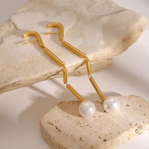 Elegant Women <b>Earrings</b> <b>Fashion</b> Jewelry Stainless Steel Long <b>Drop</b> Pearl <b>Earrings</b> for Wedding Party Banquet - Product Image 5