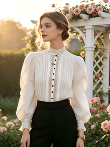 Blusa Blanca Estilo Victoriano con Ribete de Encaje Negro - Elegante Blusa con Cuello Alto y Mangas Abullonadas - Product Image 4