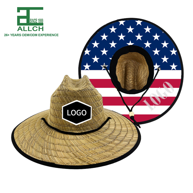 ALLCH Custom Logo Natural Grass Brim Sombrero Wide Straw Sun Hat Summer Outdoor Men Lifeguard Hat for Fishing Surf Beach Travel