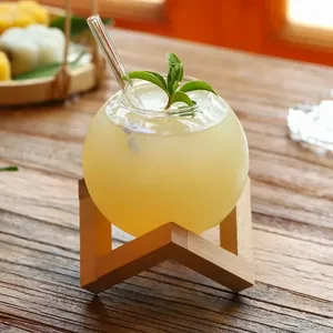 <span class=keywords><strong>Verre</strong></span> <span class=keywords><strong>à</strong></span> boisson transparent avec support en bois, forme ronde lunaire, pour cocktails, smoothies et jus de fruits - Product Image 4