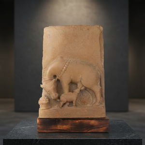 Relief céleste Kamdhenu et en relief de pierre de calcaire |   Sculpture d'abondance divine du XIIe siècle pour espaces de vie éthérés et sanctuaires privés - Product Image 1