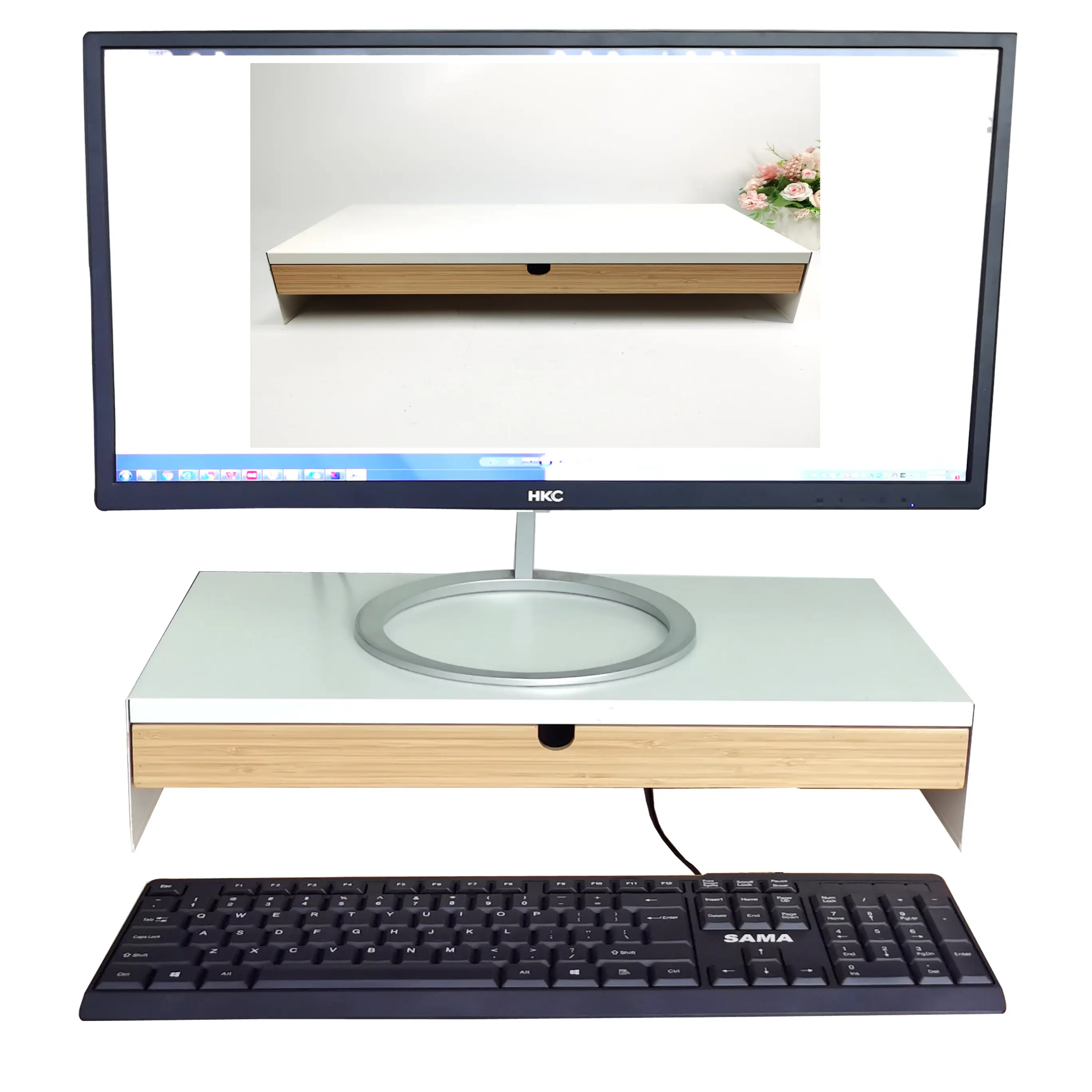 Suporte de mesa para computador, suporte multifuncional de bambu sólido para monitor de mesa com acessórios ajustáveis de armazenamento